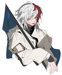 Rule 34 | 1boy, arknights, black shirt, blue flag, chinese commentary, coat, commentary request, cropped torso, elysium (arknights), feather hair, flag, from side, grey eyes, grey hair, highres, holding, holding flag, ling s, long sleeves, looking at viewer, male focus, medium hair, multicolored hair, open mouth, red hair, shirt, simple background, solo, streaked hair, tongue, upper body, white background, white coat, white hair