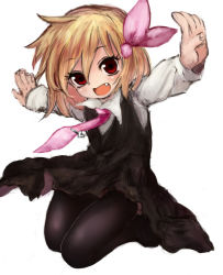 Rule 34 | 1girl, :d, blonde hair, blush, dress, fang, female focus, gobou, gobou (gbu), hair ribbon, legs up, looking at viewer, necktie, no shoes, open mouth, outstretched arms, pantyhose, pink necktie, pink ribbon, red eyes, ribbon, rumia, short hair, sketch, smile, solo, touhou, white background
