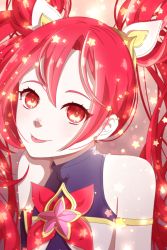 Rule 34 | 1girl, alternate costume, alternate hair color, alternate hairstyle, bare shoulders, bow, hair ornament, jinx (league of legends), league of legends, long hair, magical girl, red bow, red eyes, red hair, red neckwear, star guardian (league of legends), star guardian jinx, twintails, very long hair