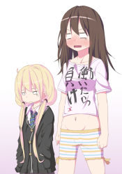 Rule 34 | 2girls, alternate costume, blonde hair, blush, brown hair, cardigan, clothes writing, cosplay, costume switch, embarrassed, full-face blush, futaba anzu, futaba anzu (cosplay), idolmaster, idolmaster cinderella girls, jewelry, long hair, multiple girls, navel, necklace, necktie, no pupils, oversized clothes, purin a la mode (popup), rectangular mouth, shibuya rin, shibuya rin (cosplay), shirt, shorts, striped, t-shirt, twintails, undersized clothes, very long hair