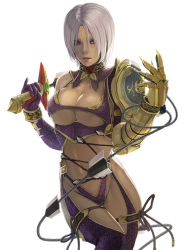 Rule 34 | 1girl, armor, bad id, bad pixiv id, bare hips, blue eyes, breasts, choker, gauntlets, grey hair, isabella valentine, large breasts, navel, revealing clothes, short hair, shoulder armor, solo, soul calibur, soulcalibur, soulcalibur iv, take no ko (dodon), underboob, weapon, whip sword