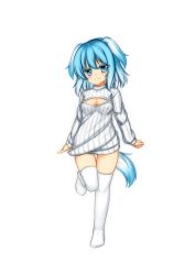 Rule 34 | 1girl, amaku mitsuka, animal ears, blue eyes, breasts, dog ears, dog tail, covered erect nipples, highres, medium breasts, meme attire, minaha (playjoe2005), naked sweater, open-chest sweater, original, short hair, smile, solo, sweater, tail, thighhighs