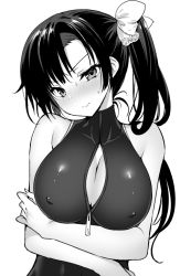 Rule 34 | 1girl, bare shoulders, blush, breasts, closed mouth, covered erect nipples, crossed arms, dress, gakkou de seishun!, greyscale, head tilt, kamino saori, large breasts, long hair, looking at viewer, monochrome, sanshoku amido, side ponytail, simple background, solo, sweat, upper body, white background