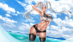 Rule 34 | 1girl, alabama (azur lane), arm up, armpits, azur lane, bare shoulders, bikini, bikini under clothes, black bikini, black shorts, black thighhighs, blue sky, blush, body markings, breasts, cleavage, closed mouth, clothes writing, cloud, collarbone, commentary request, cowboy shot, dark-skinned female, dark skin, day, detached collar, facial mark, floating hair, hair between eyes, highleg, highleg bikini, highres, large breasts, long hair, looking at viewer, midriff, navel, ocean, outdoors, paundo2, red eyes, short shorts, shorts, sidelocks, skindentation, sky, solo, standing, strapless, swimsuit, thighhighs, tube top, twintails, very long hair, wading, whisker markings, white hair, white tube top