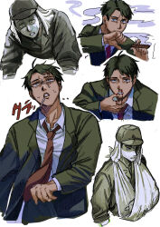Rule 34 | 1boy, arm sling, bags under eyes, blood, blood on hands, cigar, cigarette, collared shirt, commentary request, constricted pupils, exhausted, flashback, formal, furrowed brow, gegege no kitarou, green eyes, green hair, green jacket, hand up, hat, highres, holding, holding cigar, imperial japanese army, jacket, kitarou tanjou: gegege no nazo, long sleeves, looking at viewer, male focus, military hat, mizuki (gegege no kitarou), multiple views, necktie, nosebleed, red necktie, saba ichimi, sanpaku, scar, scar across eye, shirt, short sleeves, smoke, spoilers, suit, suit jacket, sweat, white shirt, wide-eyed, wiping mouth