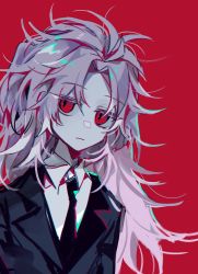 Rule 34 | 1boy, :|, black jacket, black necktie, blouse, chromatic aberration, closed mouth, collared shirt, expressionless, formal, hatsutori hajime, highres, jacket, jitome, korean commentary, long hair, messy hair, necktie, pink hair, red background, red eyes, saibou shinkyoku, shirt, solo, suit, suit jacket, vender, white shirt