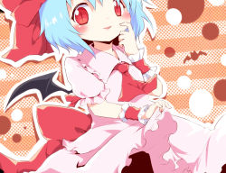 Rule 34 | 1girl, ayakashi (monkeypanch), bat wings, blue hair, blush, clothes lift, dress, dress lift, female focus, finger to mouth, outline, red eyes, remilia scarlet, solo, striped, striped background, touhou, wings, wrist cuffs