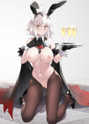 Rule 34 | 1girl, ahoge, alcohol, animal ears, bare shoulders, black footwear, black gloves, blush, breasts, brown pantyhose, champagne, closed mouth, commentary request, cup, detached collar, drinking glass, fake animal ears, fate/grand order, fate (series), gloves, heart pasties, high heels, highres, holding, jeanne d&#039;arc (fate), jeanne d&#039;arc alter (avenger) (fate), jeanne d&#039;arc alter (fate), kneeling, large breasts, leotard, looking at viewer, meme attire, narrow waist, navel, nipples, pantyhose, pasties, playboy bunny, prime, rabbit ears, revealing clothes, reverse bunnysuit, reverse outfit, silver hair, solo, tray, wrist cuffs, yellow eyes