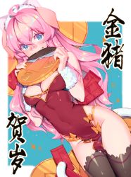 Rule 34 | 1girl, ahoge, animal ears, bandaid, bandaid on face, bandaid on nose, black thighhighs, blue eyes, blurry, breasts, china dress, chinese clothes, chinese text, chocolate, cleavage, contrapposto, covered navel, depth of field, dress, dutch angle, eating, fiodo, food, food on face, heart, heart-shaped pupils, highleg, highleg panties, highres, long hair, looking at viewer, medium breasts, mouth hold, original, outside border, panties, pelvic curtain, pig ears, pink hair, red dress, simplified chinese text, solo, string panties, symbol-shaped pupils, thighhighs, underwear, weibo watermark, wrist cuffs, xiao me