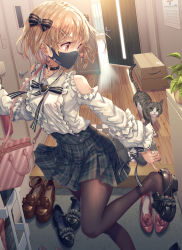 Rule 34 | 1girl, adjusting clothes, adjusting shoe, animal, bag, bare shoulders, black bow, black choker, black footwear, black ribbon, blonde hair, blush, bow, box, brown footwear, brown pantyhose, cardboard box, cat, center frills, choker, clothing cutout, commentary request, earrings, frilled shirt, frilled sleeves, frills, green skirt, hair bow, hair ornament, hairclip, handbag, heart, heart choker, heart earrings, heart o-ring, highres, hirokazu (analysis-depth), indoors, jewelry, leg up, long sleeves, looking back, mask, miniskirt, mouth mask, neck ribbon, open door, original, pantyhose, pink footwear, plaid, plaid skirt, plant, pleated skirt, potted plant, red eyes, revision, ribbon, shirt, short hair, shoulder cutout, skirt, solo, standing, standing on one leg, umbrella, umbrella stand, white shirt, wooden floor