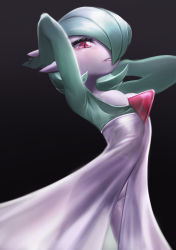 Rule 34 | 1girl, absurdres, arched back, armpits, arms behind head, arms up, azuuart, black background, blush, bob cut, breasts, colored skin, cowboy shot, creatures (company), female focus, game freak, gardevoir, gen 3 pokemon, green hair, green skin, groin, hair over one eye, highres, light blush, looking at viewer, multicolored skin, nintendo, one eye covered, parted lips, pokemon, pokemon (creature), red eyes, see-through silhouette, short hair, simple background, small breasts, solo, standing, teeth, two-tone skin, white skin