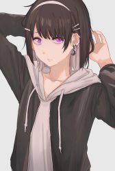 Rule 34 | 1girl, arm behind head, arm up, bags under eyes, black hair, black jacket, closed mouth, collarbone, crescent, crescent earrings, drawstring, dress, ear piercing, earrings, expressionless, eyelashes, grey background, hairband, hand up, highres, hood, hood down, hooded dress, ibuki (ibuki0118), jacket, jewelry, long sleeves, looking at viewer, multicolored hair, open clothes, open jacket, original, piercing, purple eyes, sanpaku, short hair, sidelocks, simple background, solo, two-tone hair, upper body, white dress, white hair, white hairband