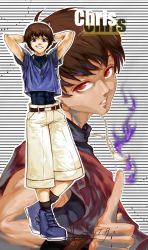 Rule 34 | 1boy, absurdres, alternate eye color, blue eyes, brown hair, chain, chris, dark persona, fire, grin, highres, jewelry, male focus, multiple views, necklace, projected inset, purple fire, red hair, short hair, shorts, smile, snk, spade-m, the king of fighters