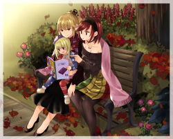 Rule 34 | 3girls, adapted costume, american flag legwear, bench, black dress, black footwear, black legwear, black sweater, blonde hair, breasts, child, choker, cleavage, clownpiece, collarbone, commentary, day, dress, floral print, flower, hairband, hat, hecatia lapislazuli, high heels, holding, junko (touhou), long sleeves, magazine (object), medium breasts, mimoto (aszxdfcv), miniskirt, motherly, multicolored clothes, multicolored skirt, multiple girls, outdoors, pantyhose, pointing, polka dot, purple eyes, purple hat, reading, red eyes, red hair, shoes, sitting, sitting on lap, sitting on person, skirt, smile, star (symbol), star print, striped, sweater, tabard, toe cleavage, touhou