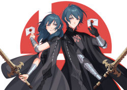 Rule 34 | 1boy, 1girl, aequorine, armor, armored dress, back-to-back, blue hair, breasts, byleth (female) (fire emblem), byleth (fire emblem), byleth (male) (fire emblem), cloak, cowboy shot, envelope, fire emblem, fire emblem: three houses, gauntlets, grin, letter, looking at another, medium breasts, medium hair, nintendo, short hair, simple background, smash invitation, smile, super smash bros., sword of the creator, tassel, twitter username, vambraces, white background