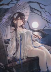Rule 34 | 1girl, azur lane, black hair, boat, breasts, chinese clothes, douya (233), dress, floating hair ornament, flower, hair flower, hair ornament, hanfu, holding, holding umbrella, large breasts, long hair, looking at viewer, moon, official alternate costume, oil-paper umbrella, open mouth, qixiong ruqun, red eyes, ribbon, see-through, see-through sleeves, sitting, soaking feet, solo, thighhighs, tree, umbrella, very long hair, water, watercraft, white dress, white thighhighs, yat sen (azur lane), yat sen (paragon of celestial grace) (azur lane)