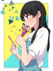 Rule 34 | 1girl, aqua background, biting, black hair, blue overalls, blush, confetti, earrings, eating, edomon-do, eyelashes, food, food-themed earrings, food on face, from side, hands up, heart, highres, holding, holding food, holding ice cream, holding spoon, ice cream, jewelry, kuroha (mona lisa no zaregoto), long hair, looking ahead, mona lisa no zaregoto, outside border, overalls, profile, shirt, short sleeves, soft serve, solo, spoon, star (symbol), triangle, two-tone background, upper body, white background, white shirt, yellow background