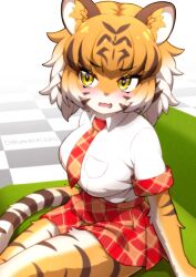 Rule 34 | 1girl, animal ear fluff, animal ears, animal nose, arms at sides, blonde hair, blush, body fur, breast pocket, breasts, brown fur, brown hair, casting couch, collared shirt, colored inner hair, couch, embarrassed, ev (kemomimizuku), furrification, furry, furry female, kemono friends, large breasts, looking at viewer, medium breasts, medium hair, miniskirt, multicolored fur, multicolored hair, necktie, plaid, plaid necktie, plaid skirt, plaid sleeves, plaid trim, pleated skirt, pocket, shirt, short sleeves, skirt, solo, striped hair, sweat, tail, taut clothes, taut shirt, tiger (kemono friends), tiger ears, tiger girl, tiger tail, white hair, white shirt, wing collar, yellow eyes, yellow fur