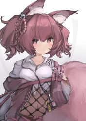 Rule 34 | 1girl, absurdres, animal ear fluff, animal ears, arknights, black legwear, blush, bow, bow panties, breasts, burnt clothes, collared shirt, cropped shirt, fox ears, fox girl, fox tail, hair between eyes, hair ornament, heart, heart-shaped pupils, highres, id card, long sleeves, looking at viewer, panties, pink eyes, pink skirt, pink vest, scowl, see-through, shamare (arknights), shirt, short hair, short twintails, simple background, skirt, skull hair ornament, small breasts, solo, symbol-shaped pupils, tail, teruriu, twintails, underwear, upper body, vest, white background, white shirt
