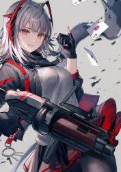 Rule 34 | 1girl, absurdres, ace (playing card), ace of spades, arknights, black jacket, black pantyhose, black scarf, black skirt, breasts, commentary request, cowboy shot, demon horns, female focus, fingerless gloves, four of clubs, gloves, grenade launcher, grey background, grey hair, grey shirt, gun, highres, holding, holding gun, holding weapon, horns, jacket, king (playing card), king of hearts (playing card), looking at viewer, m/, medium breasts, nail polish, nomuraumu, open clothes, open jacket, pantyhose, parted lips, playing card, red nails, scarf, shirt, short hair, skirt, solo, spade (shape), w (arknights), weapon, yellow eyes