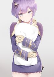 Rule 34 | 1girl, armor, bernadetta von varley, blue eyes, blunt bangs, blush, bow, brown gloves, closed mouth, commentary, cowboy shot, dress, english commentary, fire emblem, fire emblem: three houses, frown, gloves, hair bow, highres, long sleeves, looking at viewer, mengo, nintendo, hugging object, pauldrons, pillow, pillow hug, purple bow, purple dress, purple hair, short dress, shoulder armor, solo, thighs