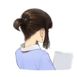 Rule 34 | 1girl, black bow, blue shirt, bow, brown hair, commentary request, cropped torso, douki-chan (douki-chan), earrings, from behind, ganbare douki-chan, hair bow, highres, jewelry, nape, shirt, short hair, short ponytail, sidelocks, simple background, solo, upper body, white background, yomu (sgt epper)