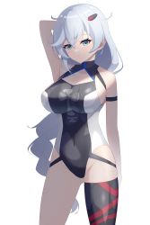 Rule 34 | 1girl, absurdres, arm up, armpits, black thighhighs, blue eyes, braid, braided ponytail, breasts, cleavage, closed mouth, hair ornament, hairpin, highres, honkai (series), honkai impact 3rd, joeillustrate, kallen kaslana, long hair, looking at viewer, one-piece swimsuit, single thighhigh, smile, solo, swimsuit, thighhighs, white background, white hair
