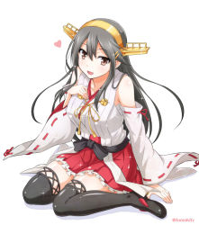 Rule 34 | 10s, 1girl, bare shoulders, black hair, blouse, boots, breasts, brown hair, detached sleeves, frilled skirt, frills, hair ornament, hairband, hairclip, hand on own chest, haruna (kancolle), heart, high heels, japanese clothes, kantai collection, long hair, nontraditional miko, open mouth, ribbon-trimmed sleeves, ribbon trim, shirt, sitting, skirt, smile, solo, thigh boots, thighhighs, tomokichi, twitter username