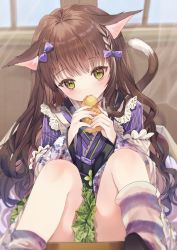 Rule 34 | 1girl, animal ears, bow, braid, brown hair, cat ears, cat girl, cat tail, closed mouth, commentary request, eating, feet out of frame, floral print, food, green eyes, green skirt, hair bow, head tilt, highres, holding, holding food, japanese clothes, kimono, long hair, long sleeves, obi, original, paraffin, pleated skirt, purple bow, purple kimono, sash, sitting, skirt, socks, solo, steam, striped clothes, striped socks, tail, taiyaki, very long hair, wagashi, wide sleeves