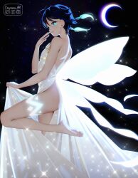Rule 34 | 1boy, bare legs, bare shoulders, barefoot, bishoujo senshi sailor moon, black hair, braid, butterfly wings, closed mouth, commentary, cosplay, crescent moon, deymara, dress, english commentary, genshin impact, glowing, highres, insect wings, leg tattoo, looking at viewer, male focus, moon, sailor moon, sailor moon (cosplay), sky, solo, sparkle print, star (sky), starry sky, tagme, tattoo, thigh strap, trap, twitter logo, venti (genshin impact), white dress, wings