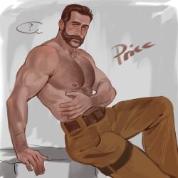 Rule 34 | 1boy, abs, absurdres, arm hair, bara, blush, brown hair, call of duty, call of duty: modern warfare 2, captain price, chest hair, facial hair, hair slicked back, hairy, highres, large pectorals, leg belt, long sideburns, looking at viewer, male focus, mature male, muscular, muscular male, mustache, mutton chops, nipples, pectorals, sasha shkret, short hair, sideburns, solo, thick eyebrows, topless male, unfinished