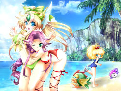 Rule 34 | 3girls, angela (seiken densetsu 3), ass, beach, bikini, blonde hair, blue eyes, grabbing another&#039;s breast, breasts squeezed together, breasts, charlotte (seiken densetsu 3), cleavage, coconut tree, day, front-tie top, grabbing, green eyes, leg ribbon, looking back, medium breasts, multiple girls, nail polish, ocean, one-piece swimsuit, one eye closed, palm tree, purple hair, ribbon, riesz, sand, school swimsuit, seiken densetsu, seiken densetsu 3, shindou hayato, skindentation, swimsuit, thigh gap, thigh ribbon, tree