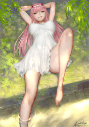 Rule 34 | 10s, 1girl, ariverkao, arms up, barefoot, blue eyes, breasts, darling in the franxx, dated, dress, hairband, horns, large breasts, lying, on back, outdoors, pink hair, signature, solo, straight hair, water, white dress, white hairband, zero two (darling in the franxx)