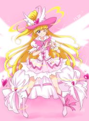 Rule 34 | 1girl, ;), asahina mirai, blonde hair, boots, bow, chocokin, closed mouth, cure miracle, cure miracle (heartful style), dated, dress, earrings, full body, hat, hat ornament, heart, heart hands, heart hat ornament, jewelry, knee boots, layered dress, long hair, looking at viewer, mahou girls precure!, one eye closed, pink background, pink bow, pink footwear, pink hat, precure, purple eyes, short dress, side ponytail, smile, solo, sparkle, standing, star (symbol), star hat ornament, very long hair, white dress, witch hat
