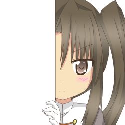 Rule 34 | &gt;:), 10s, 1girl, brown eyes, brown hair, kantai collection, long hair, looking at viewer, nachi (kancolle), nagineko, peeking out, side ponytail, smile, solo, transparent background, v-shaped eyebrows