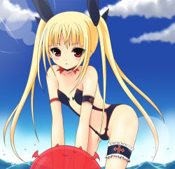 Rule 34 | 1girl, arc system works, armband, bad id, bad pixiv id, ball, bare shoulders, beachball, bent over, blazblue, blonde hair, blush, cloud, flat chest, gii, hair ribbon, highleg, highleg swimsuit, kanora, bridal garter, legband, lens flare, long hair, looking at viewer, rachel alucard, red eyes, ribbon, ryuta, sky, solo, swimsuit, thigh gap, thighs, water