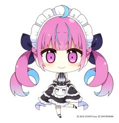 Rule 34 | 1girl, ahoge, black dress, black footwear, blue hair, blue ribbon, breasts, chibi, closed mouth, commentary request, copyright notice, detached sleeves, dress, frilled sleeves, frilled thighhighs, frills, full body, hair ribbon, hololive, long sleeves, maid headdress, medium breasts, minato aqua, multicolored hair, muuran, official art, over-kneehighs, pink hair, purple eyes, ribbon, ribbon-trimmed legwear, ribbon trim, shoes, simple background, sleeves past fingers, sleeves past wrists, smile, solo, standing, standing on one leg, streaked hair, thighhighs, twintails, two-tone hair, virtual youtuber, white background, white thighhighs, wide sleeves