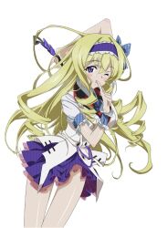 Rule 34 | 1girl, blonde hair, blue eyes, blush, bow, breasts, cecilia alcott, drill hair, finger to mouth, hair bow, highres, infinite stratos, large breasts, legs, looking at viewer, official art, one eye closed, parted lips, ponytail, shushing, smile, solo, sword, thighs, weapon, wink