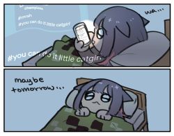 Rule 34 | 1girl, animal ears, arknights, bad id, bad twitter id, bed, blue hair, cat ears, cat girl, cellphone, comic, english text, haqlue, jessica (arknights), phone, smartphone, under covers