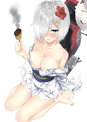 Rule 34 | 10s, 1girl, bare legs, barefoot, blue eyes, blush, breasts, cleavage, collarbone, female focus, flower, from above, hair flower, hair ornament, hair over one eye, hairclip, hamakaze (kancolle), heirou, japanese clothes, kantai collection, kimono, large breasts, looking at viewer, looking up, md5 mismatch, off shoulder, open mouth, sash, short hair, silver hair, simple background, sitting, solo, tears, torn clothes, torn kimono, wariza, yukata