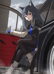 Rule 34 | 1girl, animal ears, arknights, black hair, black pantyhose, black vest, blue gloves, blue necktie, blue shorts, car, fingerless gloves, food, food in mouth, gloves, long hair, long sleeves, looking at viewer, motor vehicle, mouth hold, necktie, official alternate costume, outdoors, pantyhose, pocky, shironekoban, shirt, short shorts, shorts, solo, texas (arknights), texas the omertosa (arknights), vest, white shirt, wolf ears, wolf girl