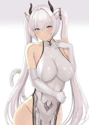 Rule 34 | 1girl, animal ears, bare shoulders, blush, breasts, dress, elbow gloves, gloves, hakaba (dairiseki), highres, horns, large breasts, long hair, looking at viewer, original, pelvic curtain, purple eyes, smile, solo, stomach tattoo, tail, tattoo, tiger ears, tiger stripes, tiger tail, twintails, virtual youtuber, weiss anne, white dress, white gloves, white hair