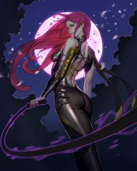 Rule 34 | 1girl, arms at sides, ass, asymmetrical sleeves, back, bodysuit, breasts, closed mouth, cross-laced clothes, floating hair, full moon, glowing, glowing weapon, gradient hair, holding, holding weapon, long hair, long sleeves, looking at viewer, looking back, moon, motion blur, multicolored hair, night, night sky, original, petals, purple hair, purple moon, red hair, shiny clothes, short sleeves, since, skin tight, sky, smile, solo, standing, tree, uneven sleeves, weapon, whip, wind