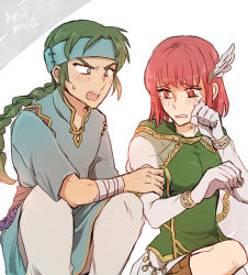 Rule 34 | 1boy, 1girl, arm grab, bandaged arm, bandages, blush, boots, braid, breasts, character name, crying, dress, fire emblem, fire emblem: the blazing blade, gloves, green eyes, green hair, guy (fire emblem), headband, long hair, looking at another, nintendo, noshima, open mouth, pants, ponytail, priscilla (fire emblem), red eyes, red hair, shirt, short hair, squatting, sweatdrop, tears, wing hair ornament, wiping tears
