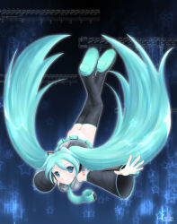 Rule 34 | 1girl, aqua hair, aqua necktie, ass, bare shoulders, black thighhighs, blue background, blue eyes, body blush, boots, breasts, closed mouth, collared shirt, detached sleeves, falling, frilled shirt, frills, grey shirt, hatsune miku, long hair, minyo, nail polish, necktie, outstretched arms, panties, pleated skirt, see-through, sheet music, shirt, skirt, sleeveless, sleeveless shirt, small breasts, smile, soles, solo, star (symbol), tattoo, thigh boots, thighhighs, twintails, underwear, very long hair, vocaloid, white panties, wind, wind lift