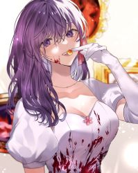 Rule 34 | 1girl, blood, blood on clothes, blurry, blurry background, breasts, cleavage, collarbone, dress, elbow gloves, fang, fate/stay night, fate (series), gloves, grey gloves, hair ribbon, highres, holding, large breasts, long hair, long sleeves, matou sakura, official alternate costume, pink ribbon, puffy short sleeves, puffy sleeves, purple hair, ribbon, shimatori (sanyyyy), short sleeves, solo, teeth, upper body, upper teeth only, white dress