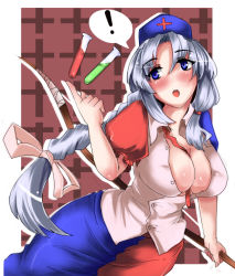 Rule 34 | !, 1girl, blouse, blue eyes, blush, bow (weapon), breasts, bursting breasts, cleavage, covered erect nipples, female focus, hair ribbon, hat, holding, holding bow (weapon), holding weapon, large breasts, long hair, magukappu, no nose, nurse cap, ribbon, shirt, silver hair, solo, spoken exclamation mark, test tube, touhou, unbuttoned, weapon, yagokoro eirin
