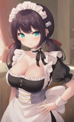 Rule 34 | 1girl, apron, aqua eyes, azur lane, black hair, blue eyes, blurry, blurry background, blush, breasts, cleavage, closed mouth, collar, commentary, cowboy shot, detached collar, frilled collar, frills, glasgow (azur lane), hair ribbon, hand on own hip, highres, indoors, large breasts, long hair, looking at viewer, low twintails, maid, maid apron, maid headdress, misogi yasan, puffy short sleeves, puffy sleeves, red ribbon, ribbon, short sleeves, solo, twintails, wrist cuffs