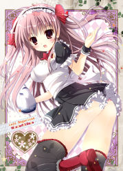 Rule 34 | 1girl, ass, black thighhighs, boots, bow, breasts, heart, long hair, looking at viewer, maid headdress, mizusawa mimori, open mouth, original, ornament, pink eyes, pink hair, pot, red bow, red footwear, smile, star (symbol), teapot, text focus, thighhighs, wrist cuffs