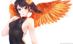 Rule 34 | 1girl, :d, artist name, black dress, black eyes, black hair, breasts, cross-laced clothes, dress, covered erect nipples, feathered wings, fiery wings, flower, hair flower, hair ornament, hand on own chest, lips, lynn (mabinogi), mabinogi, mabinogi heroes, no bra, open mouth, original, parted lips, ponytail, red wings, rose, short hair, sideboob, simple background, sleeveless, sleeveless dress, smile, solo, tasselcat, upper body, watermark, web address, white background, wings, yellow rose